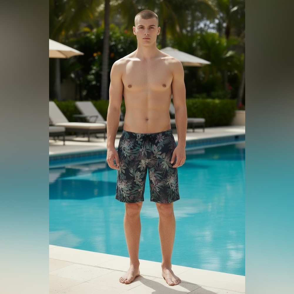 American Eagle Outfitters Next Level Black Floral Leaf Flat-Front Shorts Mens 28